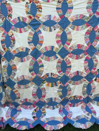 Vintage Double Wedding Ring Quilt Top Hand Pieced Blue White Flour Sack Fabric