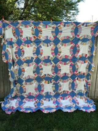 Vintage Double Wedding Ring Quilt Top Hand Pieced Blue White Flour Sack Fabric 2