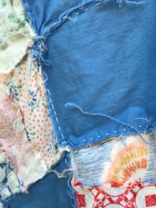 Vintage Double Wedding Ring Quilt Top Hand Pieced Blue White Flour Sack Fabric 5