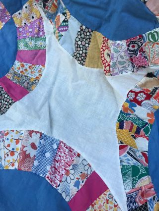 Vintage Double Wedding Ring Quilt Top Hand Pieced Blue White Flour Sack Fabric 8
