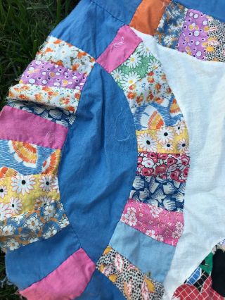 Vintage Double Wedding Ring Quilt Top Hand Pieced Blue White Flour Sack Fabric 9