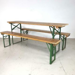 Vintage Industrial German Beer Table Bench Set Garden Furniture Orange Shorter 2
