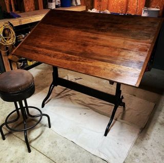 Vintage Hamilton Industrial Drafting Table - Oak,  Maple,  Cast Iron.  3’x5’.