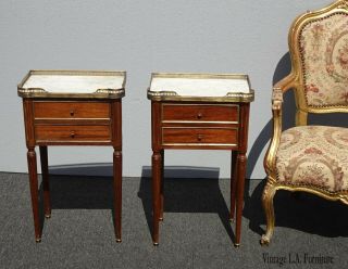 Pair Antique French Provincial Louis Xvi White Marble Nightstands