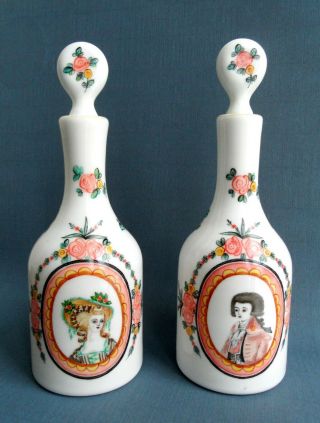 Rare 18th C.  Bohemian Enamel Painted Milk Glass Decanter Bottles