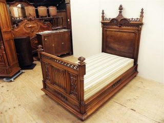 RARE French Gothic Twin Bed Antique Walnut High Crown Wonderful Detail High Head 3