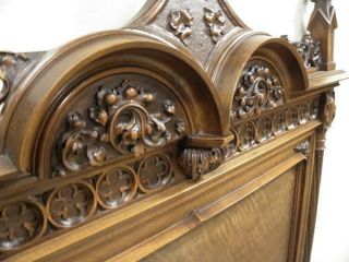 RARE French Gothic Twin Bed Antique Walnut High Crown Wonderful Detail High Head 4
