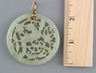 Antique Chinese Carved Jade Phoenix Bird & Flowers,  14kt Yellow Gold Pendant