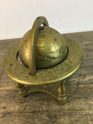 Vintage Solid Heavy Brass Globe With Star Sign Embellishments. 4