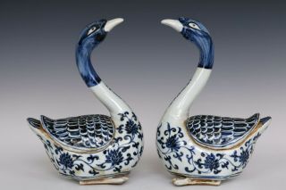 Chinese Pair Blue And White Porcelain Swan Statues