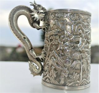 RARE ANTIQUE CHINESE EXPORT SILVER DRAGON HANDLEC BATTLE SCENE CUP 2