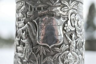 RARE ANTIQUE CHINESE EXPORT SILVER DRAGON HANDLEC BATTLE SCENE CUP 3