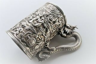 RARE ANTIQUE CHINESE EXPORT SILVER DRAGON HANDLEC BATTLE SCENE CUP 7