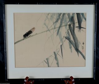 Vintage Chinese Water Colour Painting on Silk of an Insect & Bamboo Color 9