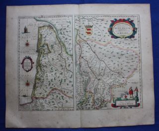 Antique Atlas Map,  France,  Aquitaine,  Bayonne,  Bordeaux,  Dax,  Blaeu,  Pub.  C.  1648