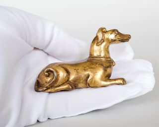 Chinese Antique Gilt Bronze Recumbent ‘hound’ Scroll Weight,  Ming / Qing Dynasty