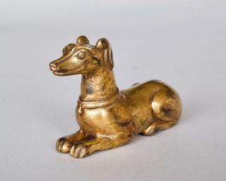 Chinese Antique Gilt Bronze Recumbent ‘Hound’ Scroll Weight,  Ming / Qing dynasty 2