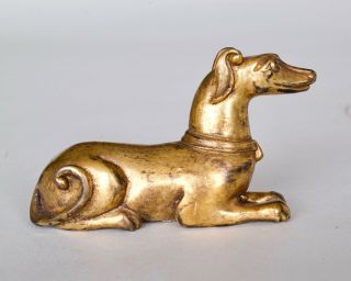 Chinese Antique Gilt Bronze Recumbent ‘Hound’ Scroll Weight,  Ming / Qing dynasty 5