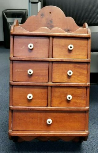 Old Vintage Primitive Wooden Spice Wall Cabinet Box 7 Drawers & Porcelain Knobs