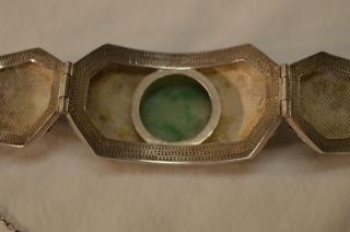 ANTIQUE LARGE CHINESE STERLING FILIGREE CARVED JADE VERMEIL ENAMEL BRACELET 6