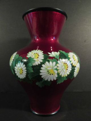 Cloisonne Signed Ando Pigeon Blood Red Vase W/ Flowers
