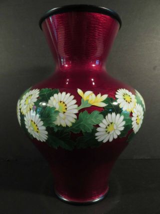 Cloisonne Signed Ando Pigeon Blood Red Vase W/ Flowers 2