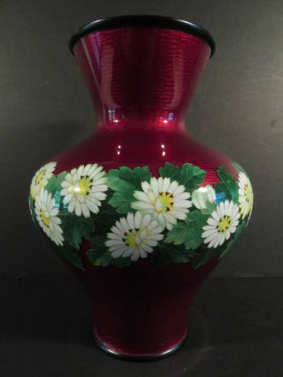 Cloisonne Signed Ando Pigeon Blood Red Vase W/ Flowers 3