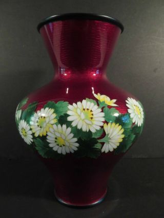 Cloisonne Signed Ando Pigeon Blood Red Vase W/ Flowers 4