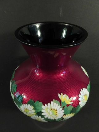 Cloisonne Signed Ando Pigeon Blood Red Vase W/ Flowers 5