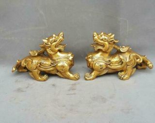 11.  4” A Pair Chinese Pure Bronze Wealth Pixiu Brave Troops Unicorn Beast Statue