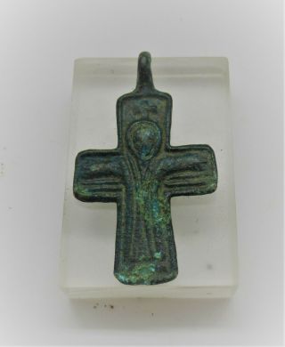 Ancient Byzantine Bronze Cross Pendant Jesus Nailed To Cross Very Rare