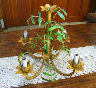 Mid - Century Italian Tole Metal Bamboo Palm Tropical 4 Light Swag Chandelier