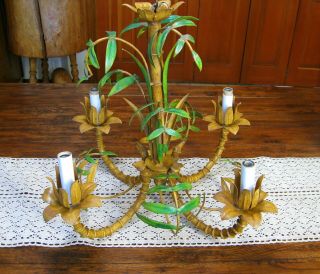 Mid - Century Italian Tole Metal Bamboo Palm Tropical 4 Light Swag Chandelier 2