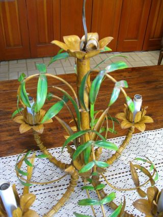 Mid - Century Italian Tole Metal Bamboo Palm Tropical 4 Light Swag Chandelier 3