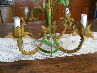 Mid - Century Italian Tole Metal Bamboo Palm Tropical 4 Light Swag Chandelier 4