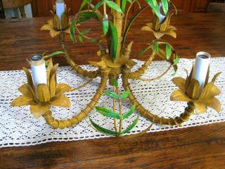 Mid - Century Italian Tole Metal Bamboo Palm Tropical 4 Light Swag Chandelier 6