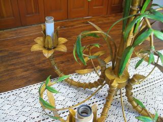 Mid - Century Italian Tole Metal Bamboo Palm Tropical 4 Light Swag Chandelier 7