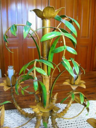 Mid - Century Italian Tole Metal Bamboo Palm Tropical 4 Light Swag Chandelier 8