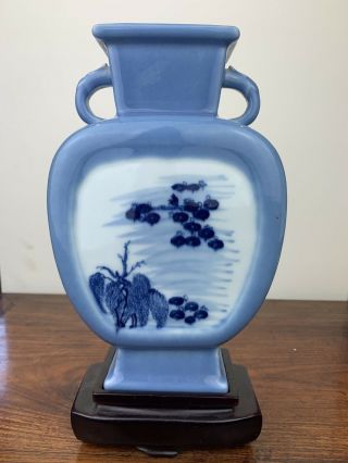 antique chinese blue square vase with wooden base 3
