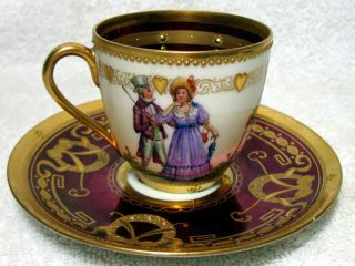 A Ambrosius Lamm Dresden Antique Red Hand Painted Courting Couple Cup & Saucer