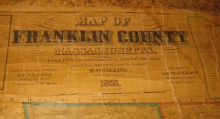 RARE Antique 1858 Henry Walling FRANKLIN COUNTY MASSACHUSETTS Wall MAP 2