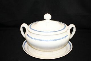 Large Antique Mid - 19th Century White Earthenware Soup Tureen W/Lid & Underplate 2