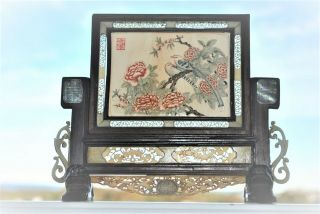 Antique Chinese Table Screen Hand Painted And Signed Foo Dog Legs