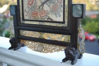 ANTIQUE CHINESE TABLE SCREEN HAND PAINTED AND SIGNED FOO DOG LEGS 5