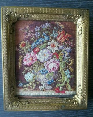 Antique Floral Needlepoint Petitpoint Tapestry Gold Frame Made In Austria