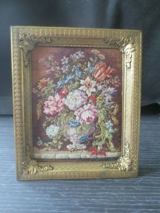Antique Floral Needlepoint Petitpoint Tapestry Gold Frame Made in Austria 3