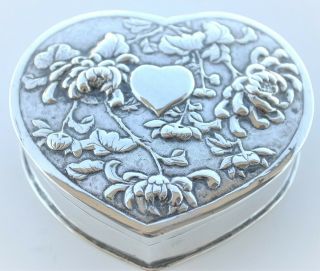 Chinese Export Silver Chrysanthemum Love Heart Box