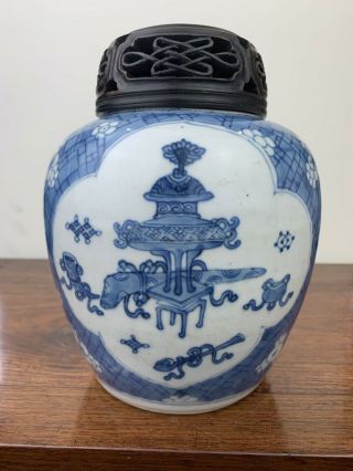 Antique Chinese Blue And White Ginger Jar With Wooden Cover Kangxi Period