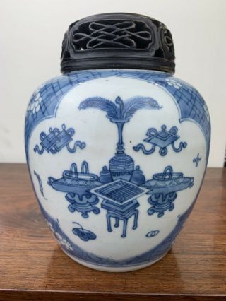 antique chinese blue and white ginger jar with wooden cover kangxi period 3