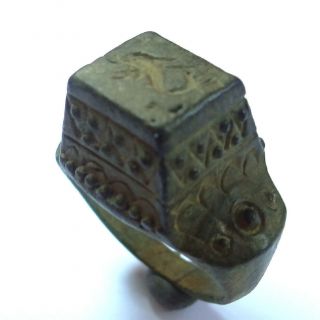 Greek Ancient Artifact Bronze Ring With Dolphin And Tripod